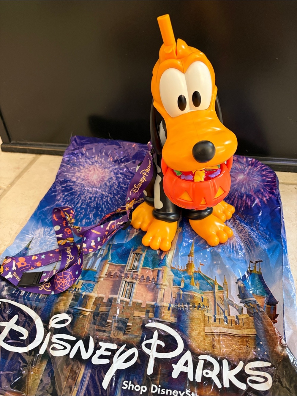 Disney Orange Pluto Trick-or-Treat Bucket with Purple Lanyard